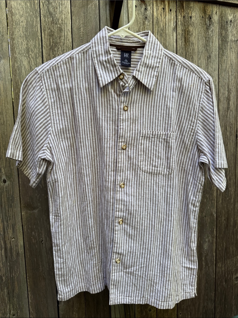 GAP kids Short Sleeve Striped Button-Up Shirt - Beige & White
